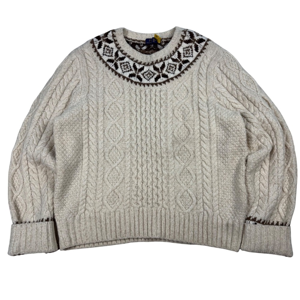 Polo Ralph Lauren 100% Wool Cable Knit Fair Isle Sweater Cream XXL Mens Nordic